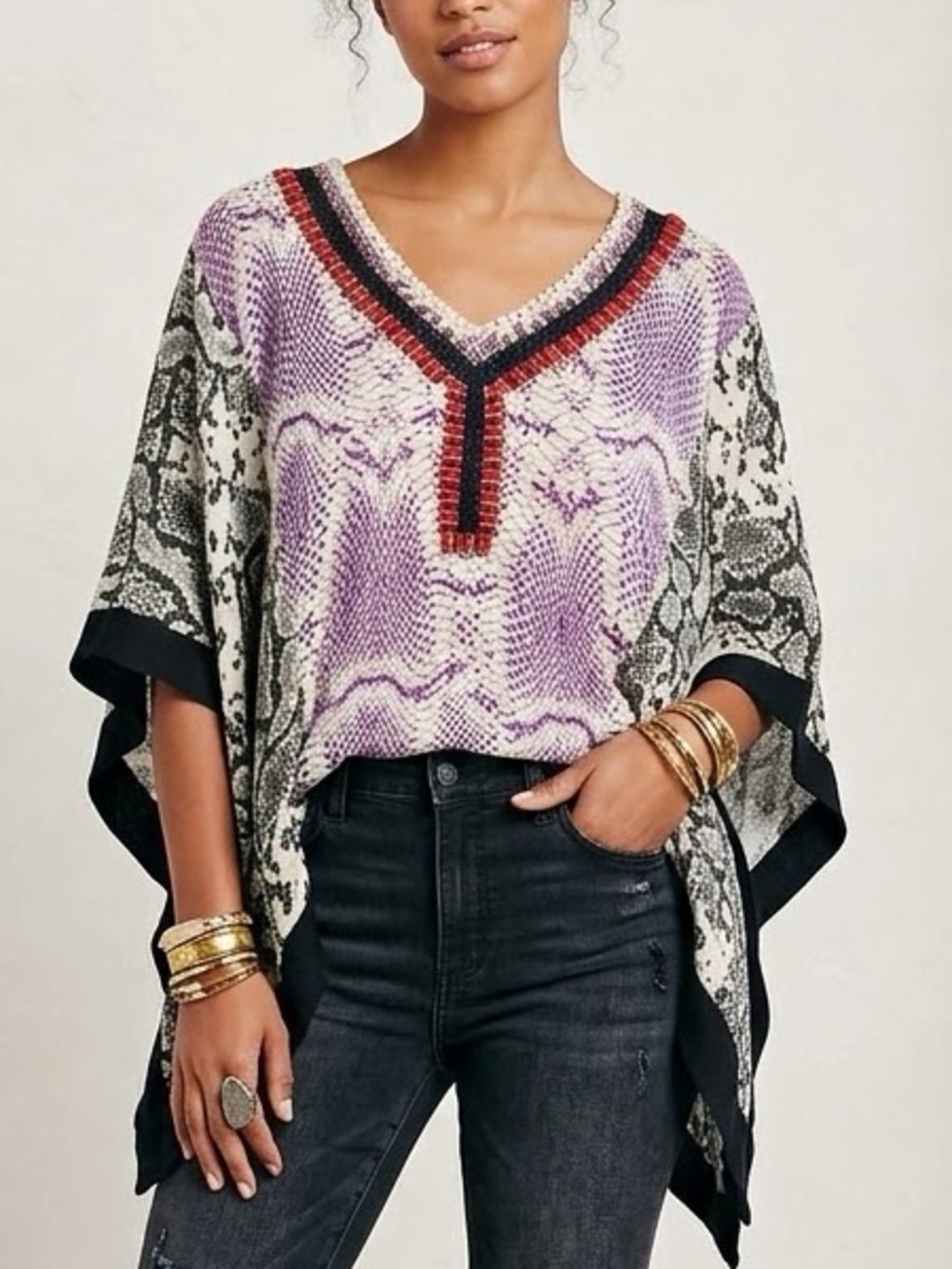 Zingara Beaded Snake Print Poncho Top V-Neck Kaftan Tunic Boho Size 1 (S)